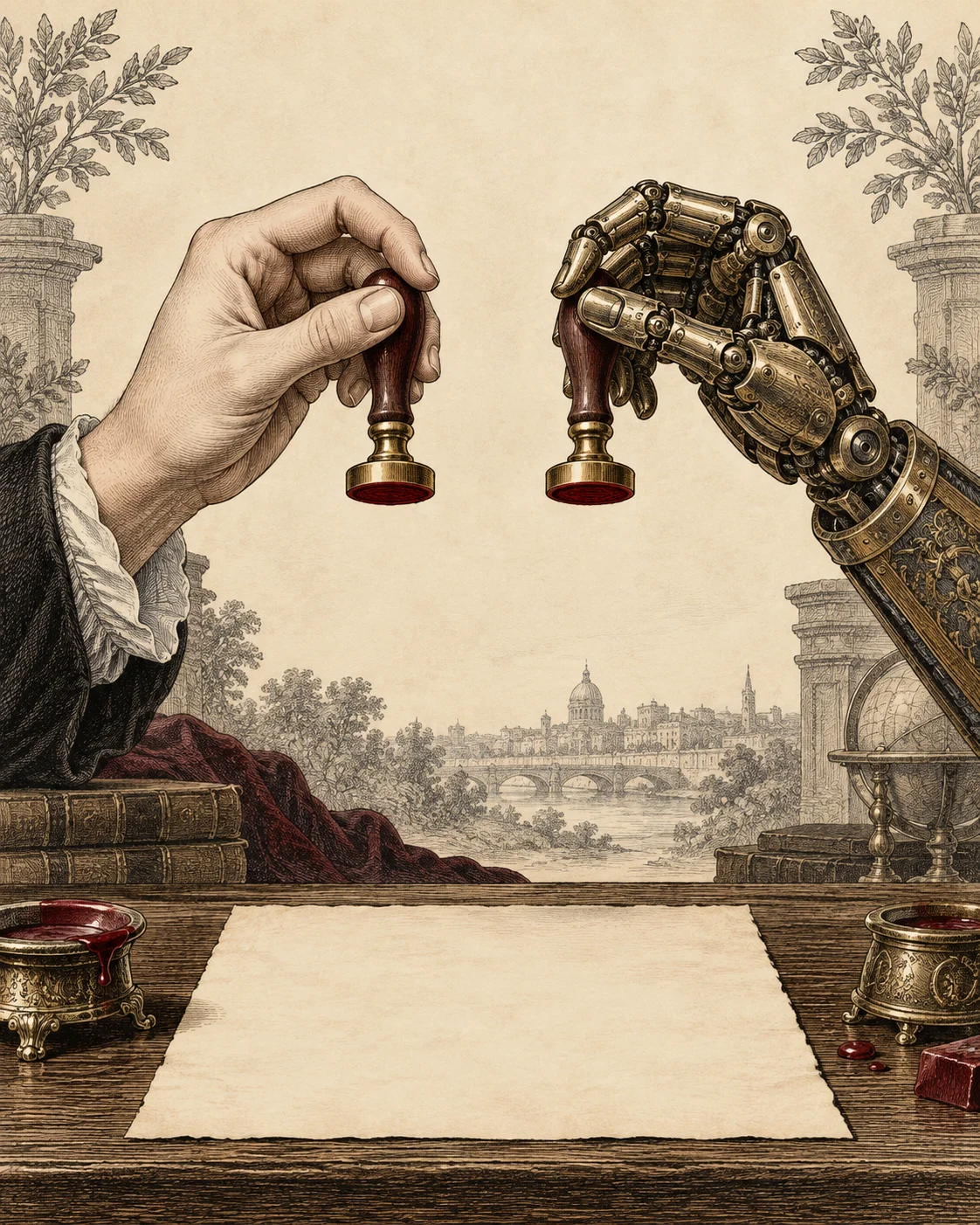A human hand and a brass mechanical hand hold matching seals at equal height.