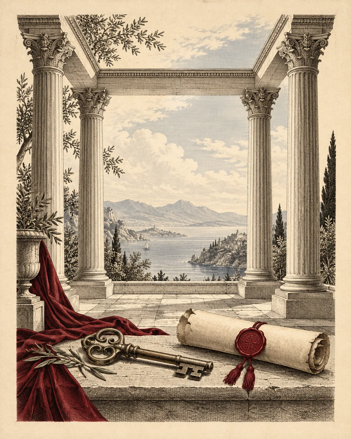 A classical portico stands on four columns above a key and sealed scroll.